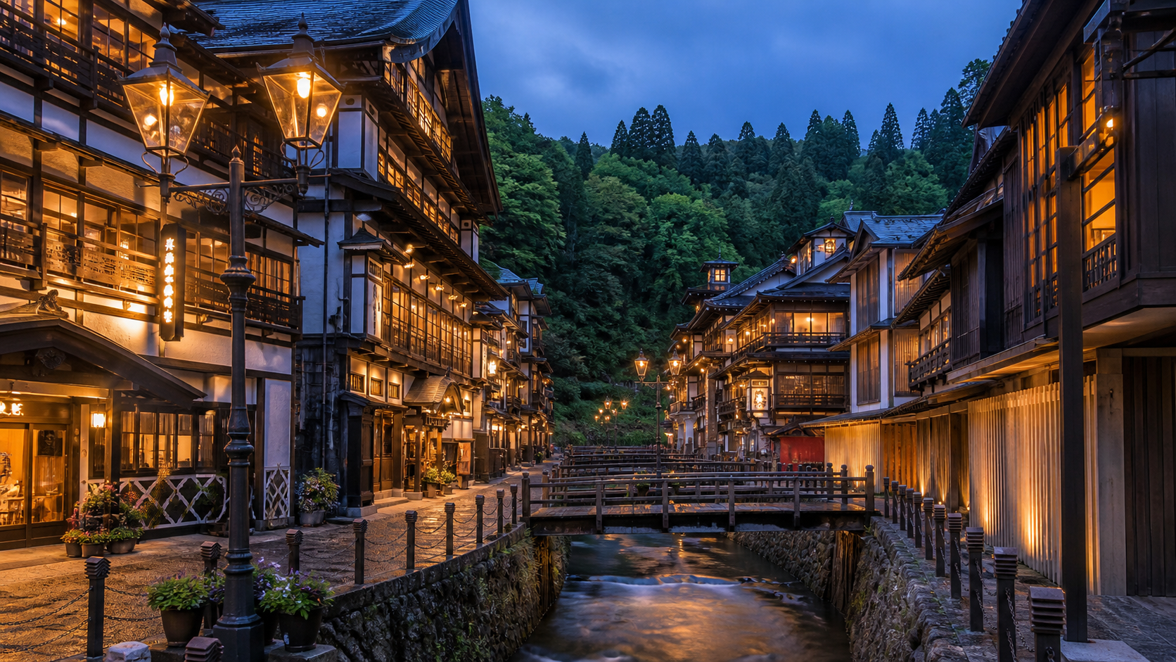 夕暮れの銀山温泉の街並み