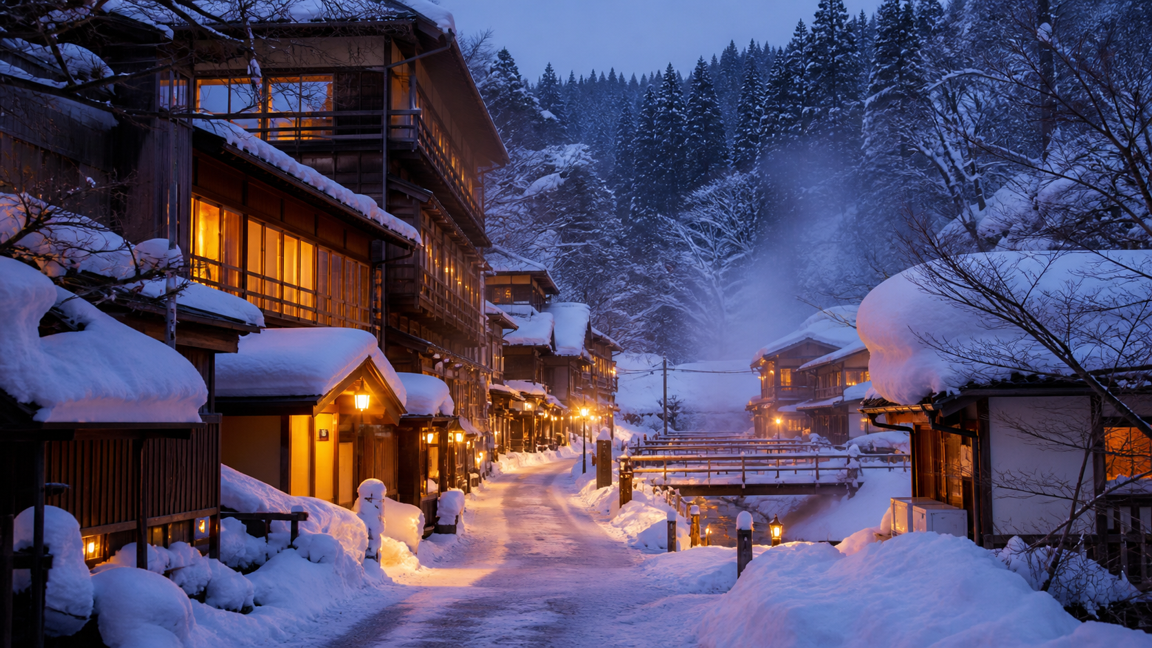 雪深い冬の肘折温泉をイメージした風景